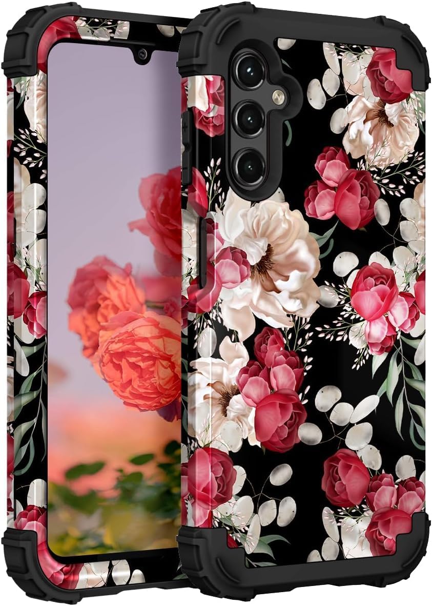 PIXIU Unique Flower Pattern Compatible with Samsung Galaxy A15 5G case, Heavy Duty Dual Layer Shockproof Full-Body Protective Sturdy Hybrid Cute Rugged Case for Women,Girls,Kids-Rose Floral